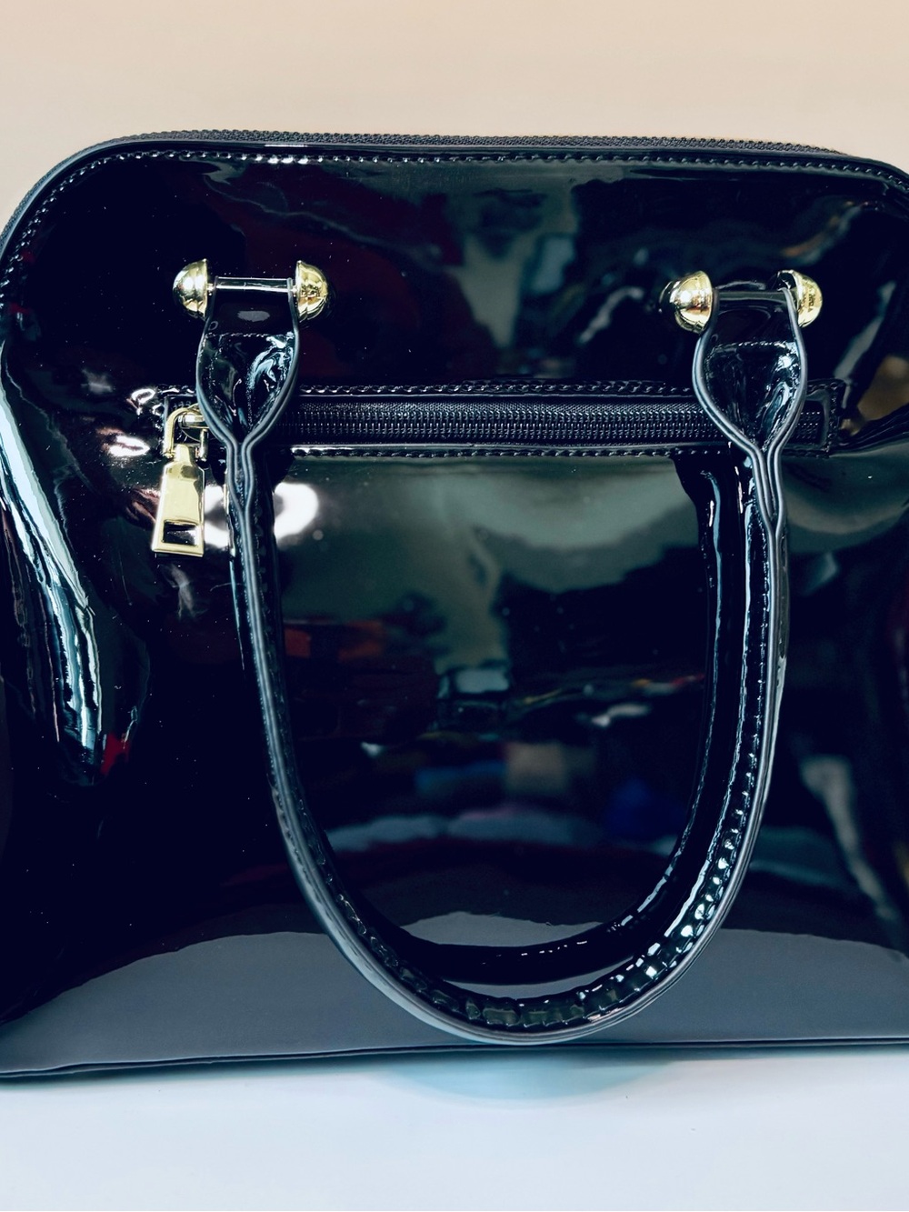 Unique Vintage NEW Black Patent Retro Top Handle Shoulder Bag w/ crossbody strap - Picture 4 of 14